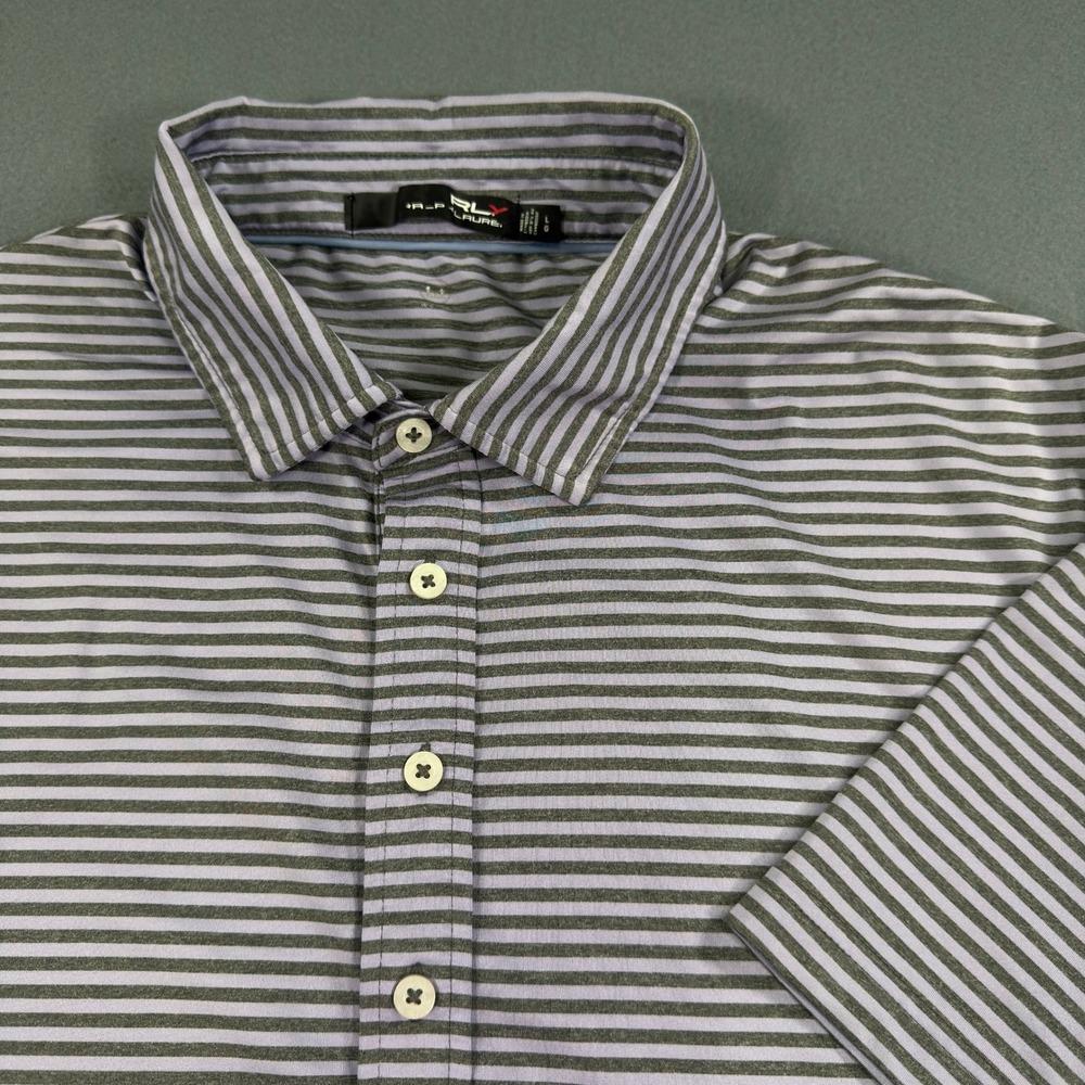 RLX Ralph Lauren Mens Golf Polo Shirt Purple Grey Striped Performance Large